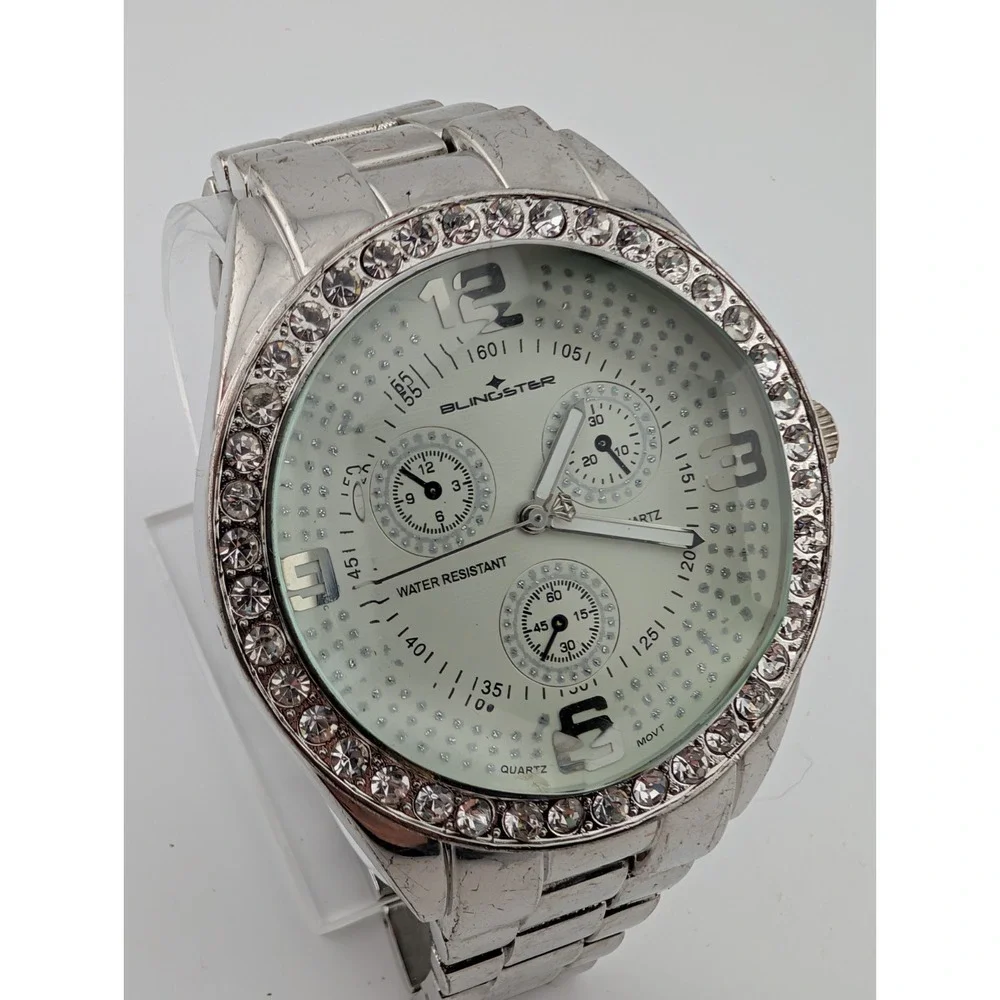 Blingstar Watch Men 50mm‎ Case Rhinestone Bezel Silver 8.5